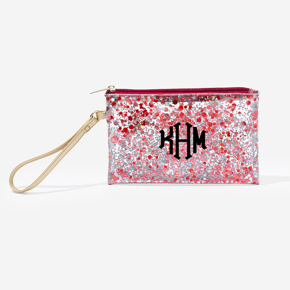 monogrammed glitter wristlet pouch in crimson with black octagonal monogram
