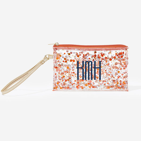 monogrammed glitter wristlet pouch in orange navy monogram