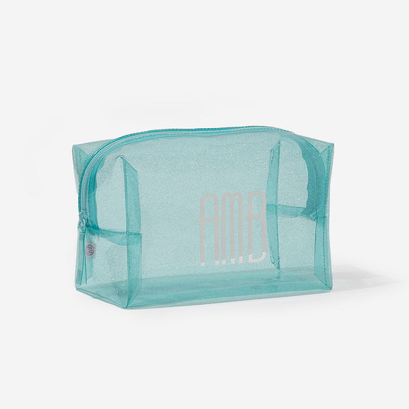 Monogrammed Clear Glitter Cosmetic Case in Mint