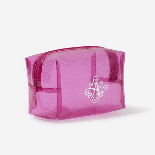 Monogrammed Clear Glitter Cosmetic Case in Hot Pink