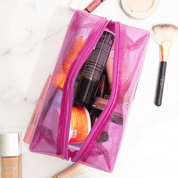 pink clear glitter cosmetic case inside shot