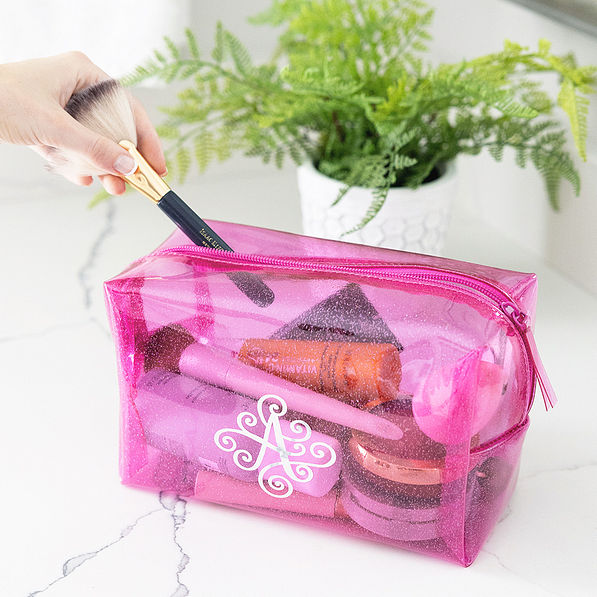 hot pink clear glitter cosmetic case with brush
