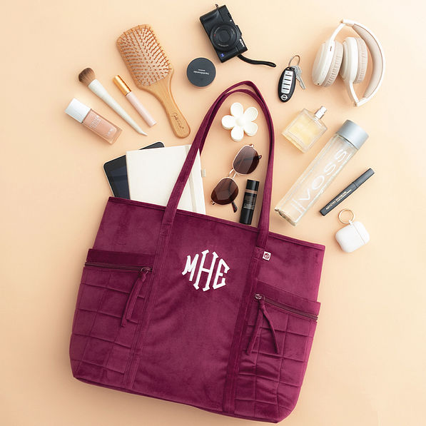 burgundy pocket tote bag flatlay
