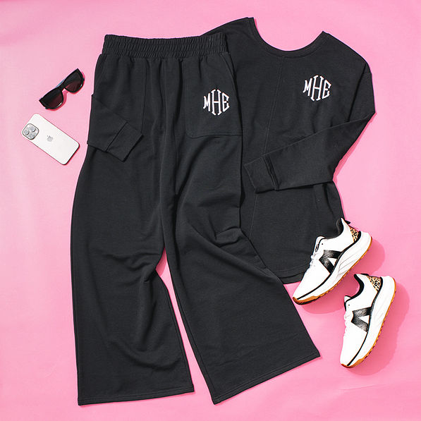 monogrammed wide leg pants and sweatshirt ootd