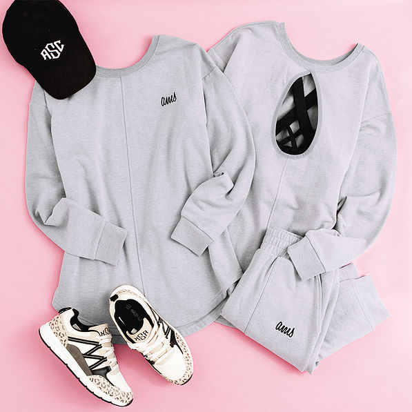 heathered gray open back sweatshirt flatlay