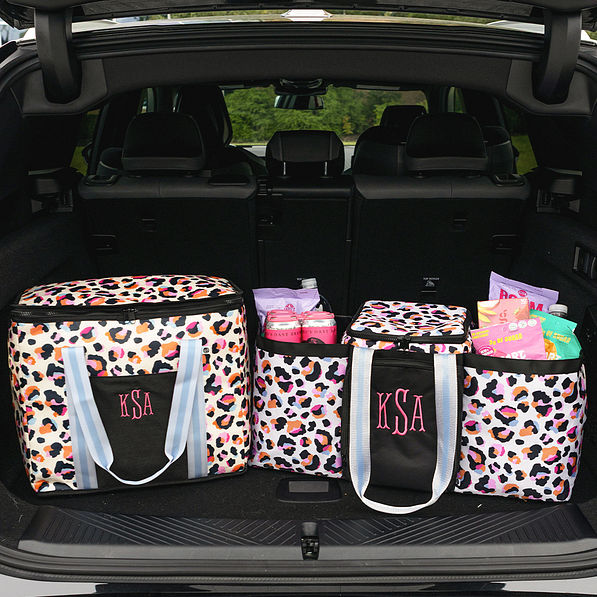 sunset leopard reusable insulated bag in trunk