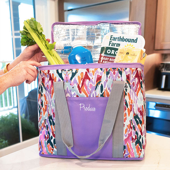 jewel ikat reusable insulated bag on counter