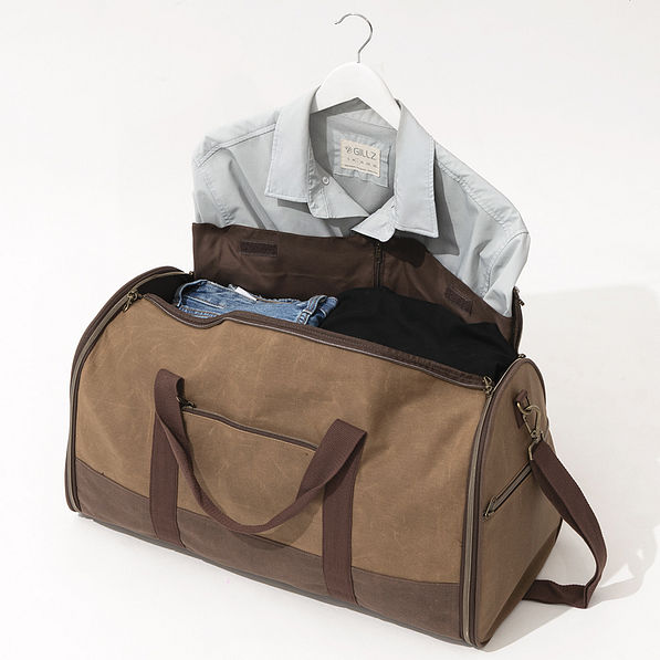 waxed canvas convertible weekend bag with clothes