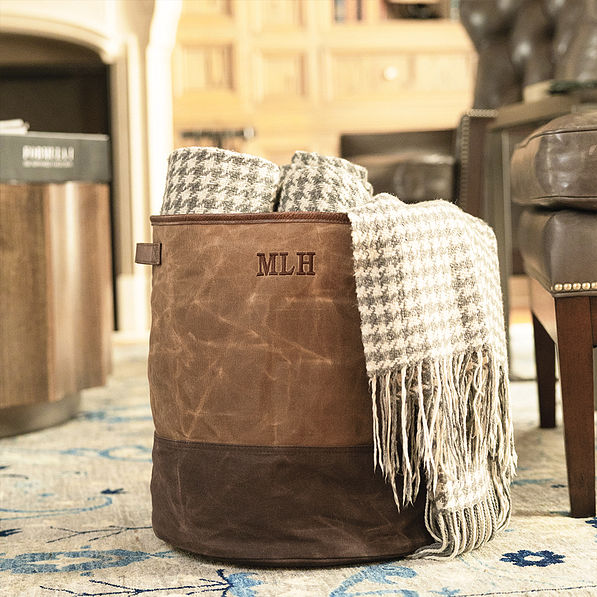 waxed canvas storage basket in man cave