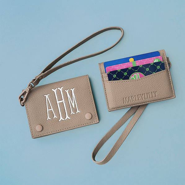 front and back Monogrammed card holder wristlet flatlay