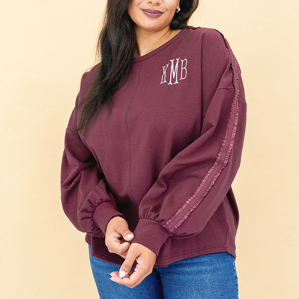 burgundy accent sleeve sweatshirt on julia ann