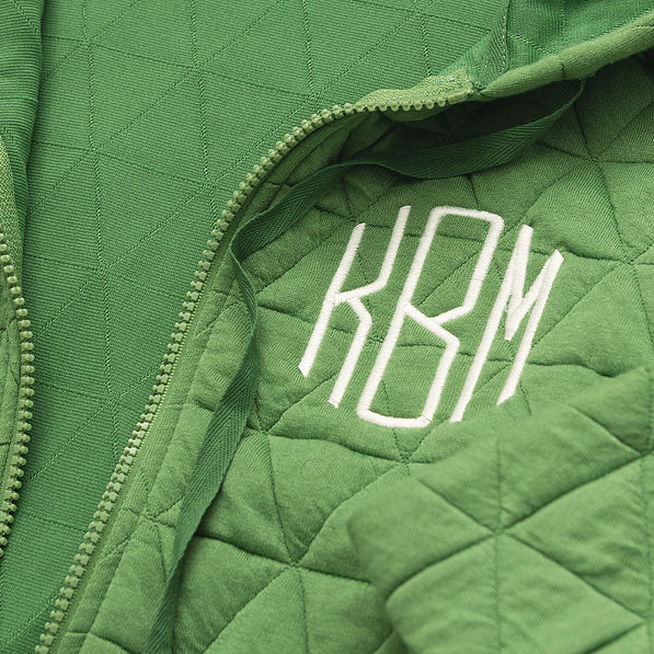 close up of quilted full zip hoodie in sage monogram