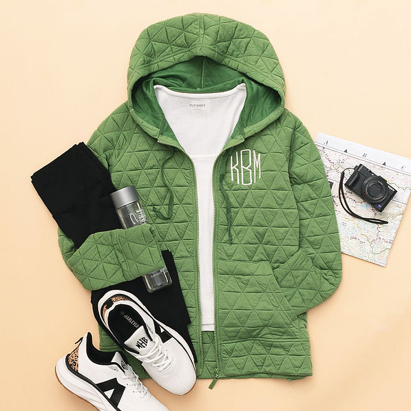 quilted full zip hoodie in sage outfit with leggings