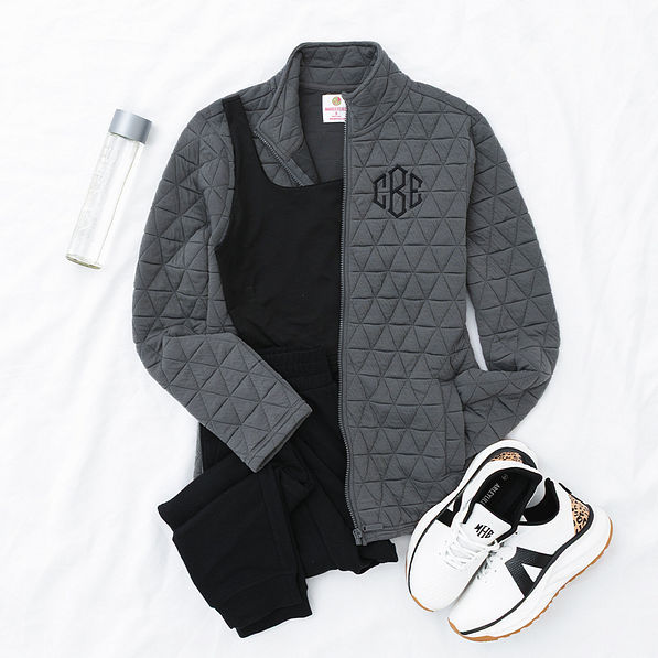 charcoal quilted full zip jacket flatlay