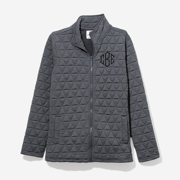 Monogrammed Quilted Full Zip Jacket in Charcoal