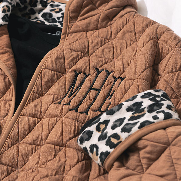 close up of quilted coat monogram