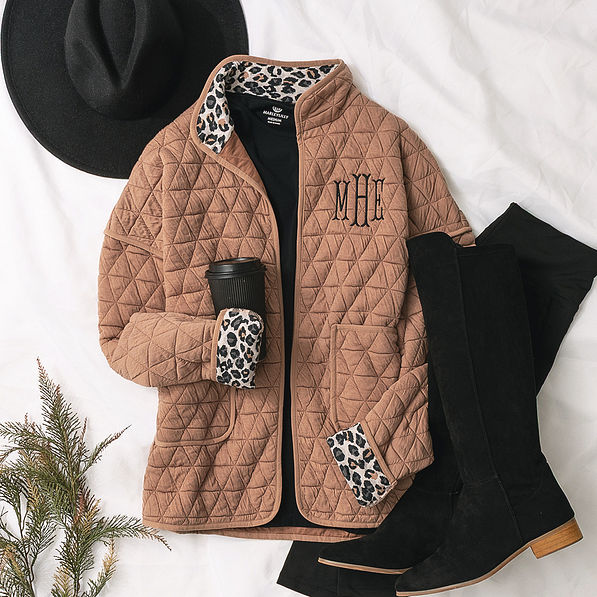 personalized quilted coat in almond outfit with boots and hat