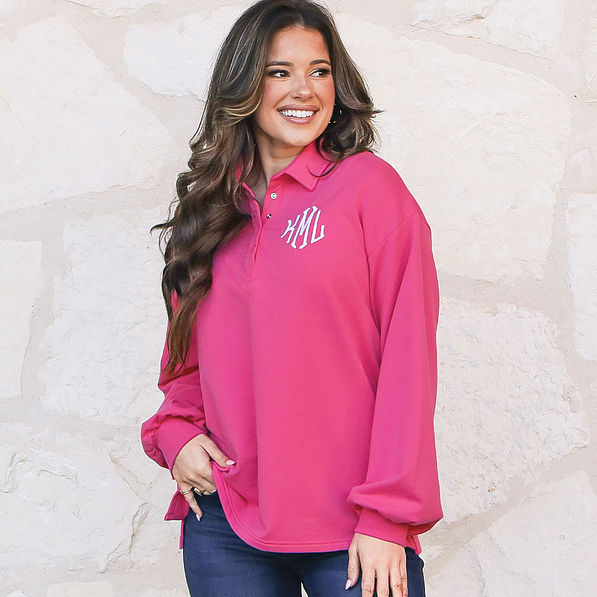 hot pink puff sleeve monogrammed sweatshirt