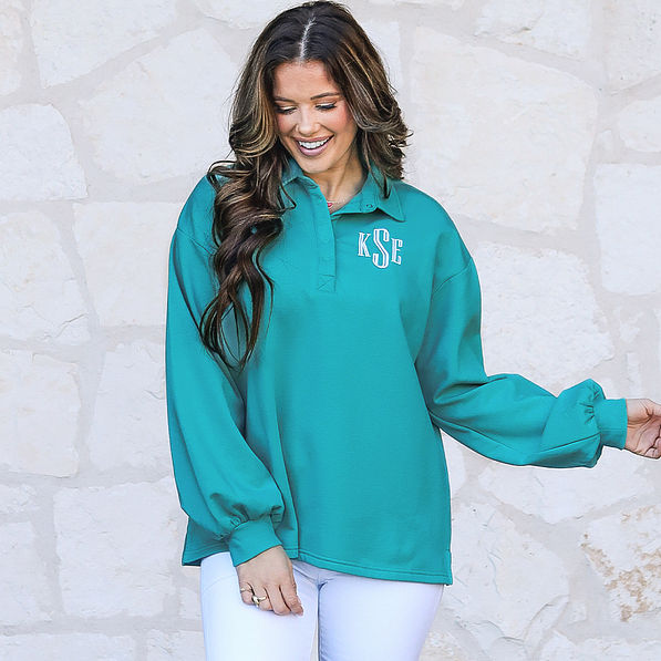 teal puff sleeve monogrammed sweatshirt with collar