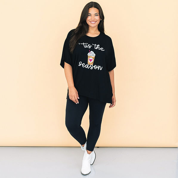 girl wearing sequin coffee tis the season shirt