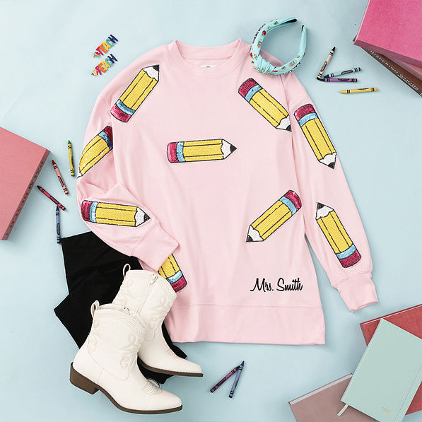 sequin teacher sweatshirt flatlay