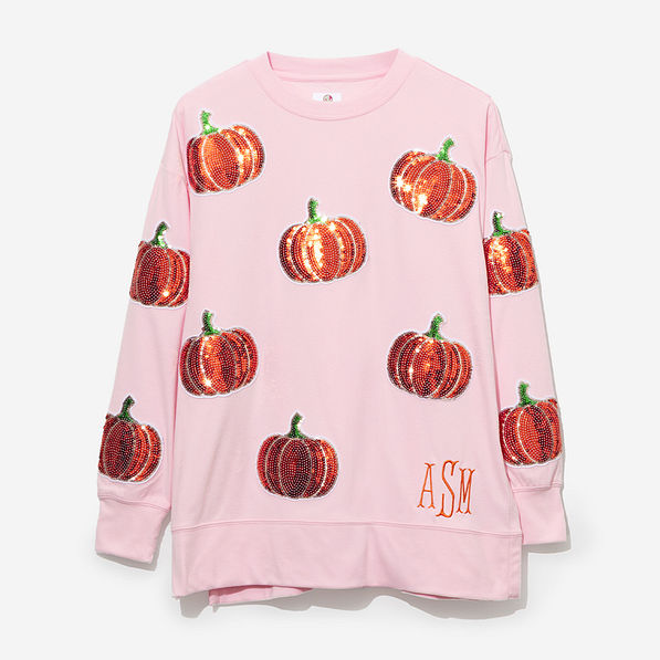 Monogrammed Sequin Fall Sweatshirt in Pink Pumpkins