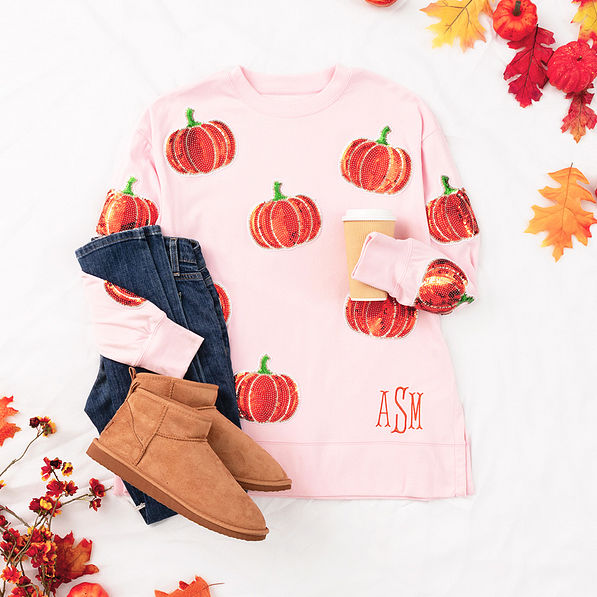pink pumpkins sequin fall sweatshirt flatlay
