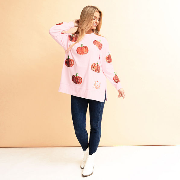 pink pumpkins sequin fall sweatshirt on rachel