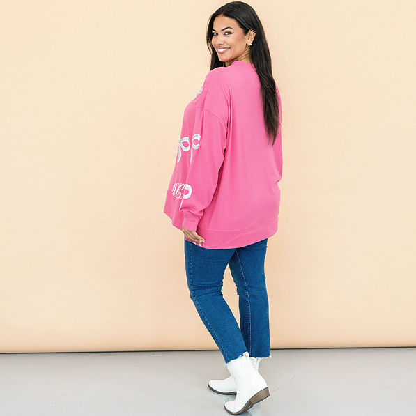 hot pink sequin bow sweatshirt back view