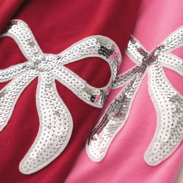 crimson and hot pink sequin bow sweatshirt detail shot