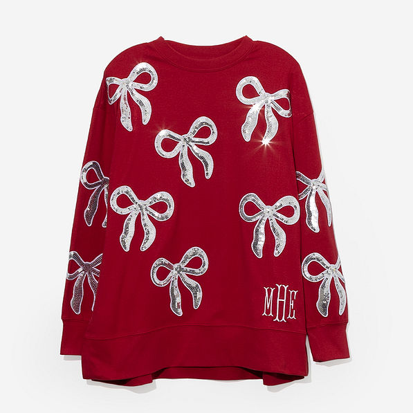 monogrammed sequin bow sweatshirt in crimson