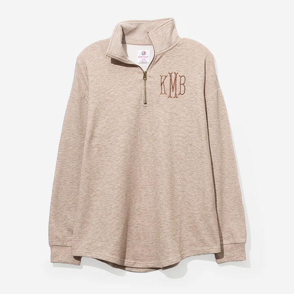 monogrammed heathered fleece pullover in tan