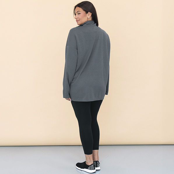 back of monogrammed quilted pullover in charcoal