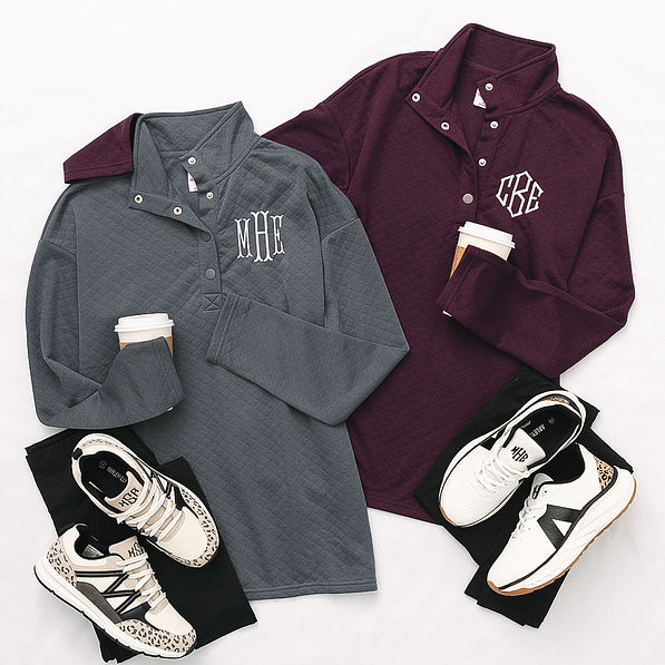 charcoal and plum monogrammed quilted pullovers