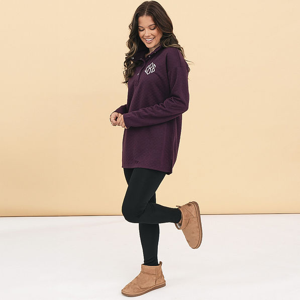 personalized quilted pullover in plum with boots