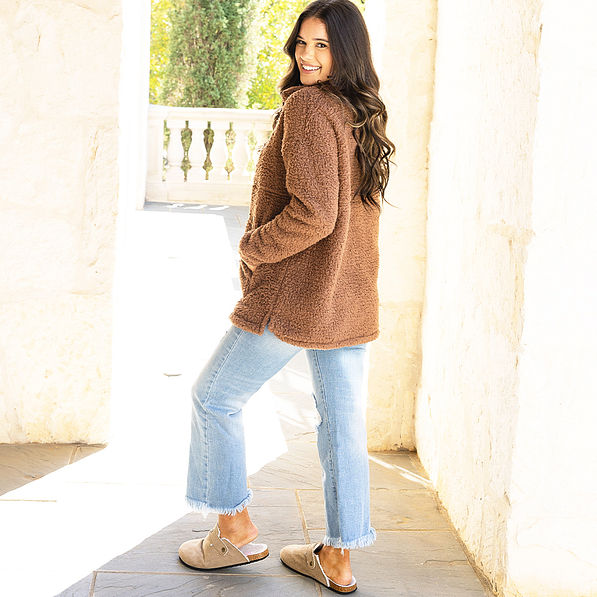 brown sherpa pullover back view