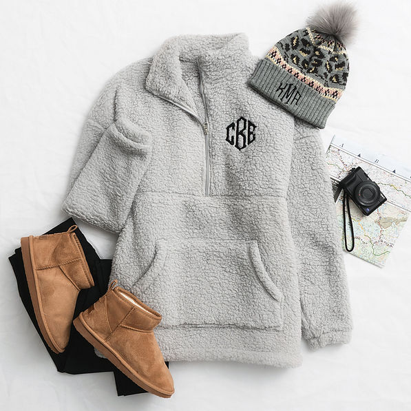 gray sherpa pullover flatlay