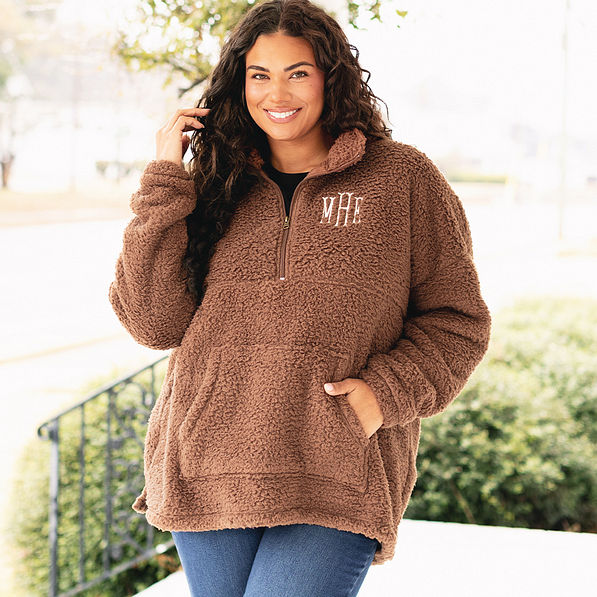 girl wearing brown personalized sherpa pullover