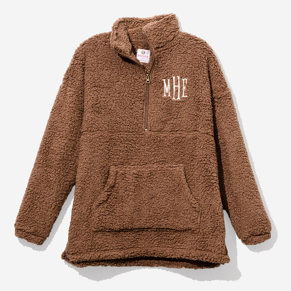 Monogrammed Half Zip Sherpa Pullover in Brown