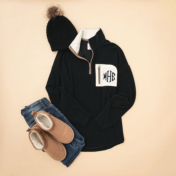 black Grid Fleece Quarter Zip Pullover flatlay
