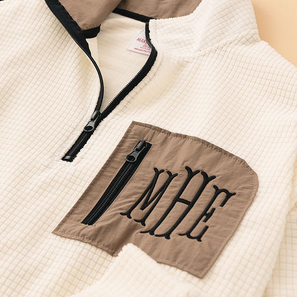 ivory Grid Fleece Quarter Zip Pullover detail shot