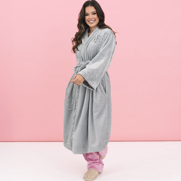 girl wearing personalized full length plush robe