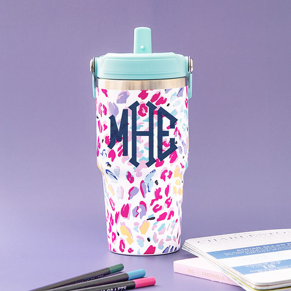 monogrammed wild confetti flip top tumbler with office supplies