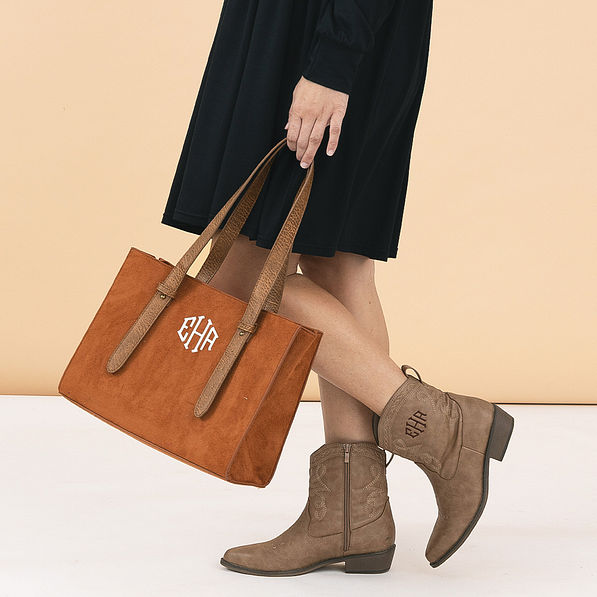 personalized suede purse in hands octagonal