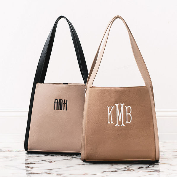 personalized shoulder totes in brown and tan