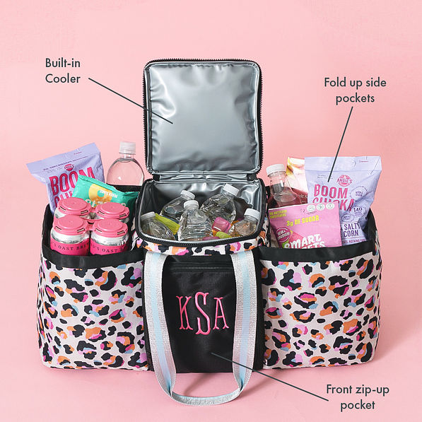 extra large cooler tote in sunset leopard infographic