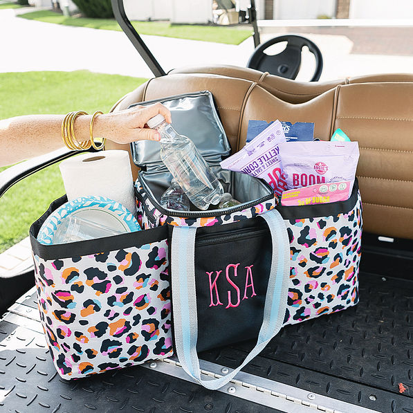 sunset leopard monogrammed extra large tote bag in golf cart