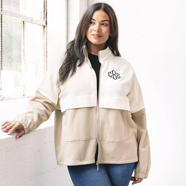 girl wearing personalized colorblock jacket with jeans