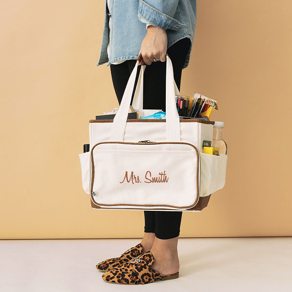 Teacher carrying tote caddy