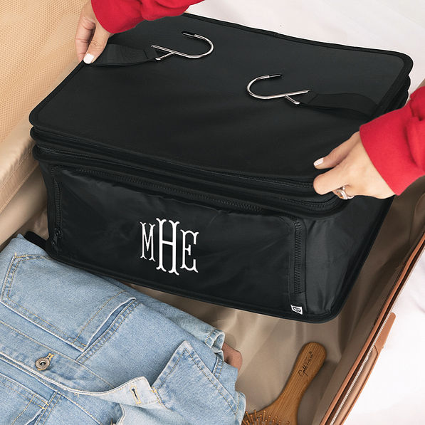 monogrammed hanging packing organizer in black in luggage